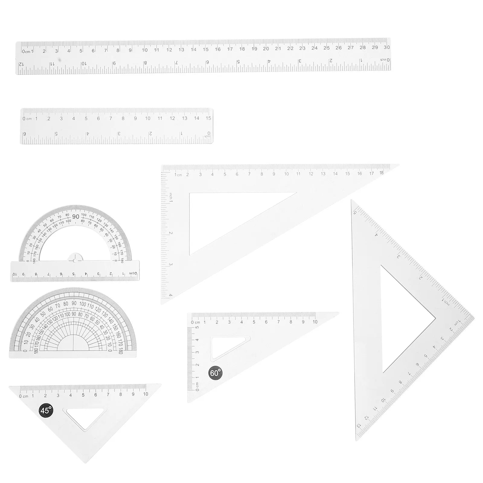 8pcs Transparent Ruler Set Clear Plastic Math Tools 15Cm 30Cm School Measurement Protractor Triangle Drafting Kit
