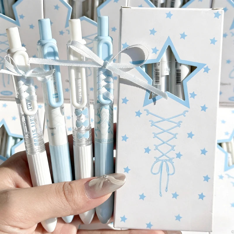 4PC Strap Ballet Pen Ins Style High Beauty Blue Series Press Neutral Pen Student Speed Drying 0.5mm